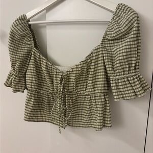 Reformation Olive Gingham Puff Sleeve Blouse